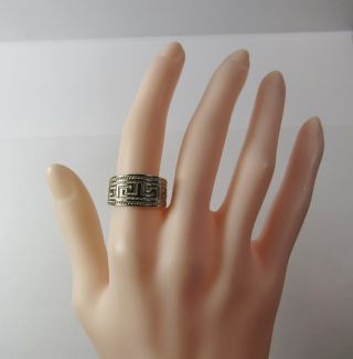 Vintage 14K 14KT White Gold Greek Key 10mm Cigar Band Size 7.  5 Ring 5.  6 Grams 5