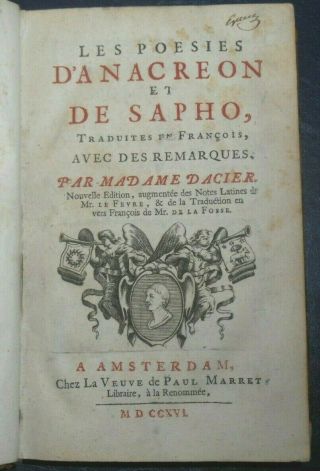 1716 Antique Book Ancient Greek Poetry Anacreon Sappho Lyric Poems Anne Dacier