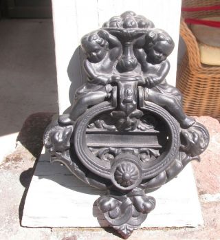 Awesome Antique Cast Iron Cherubs Door Knocker -