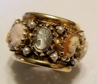 Vtg 14k Yellow Gold Cameo Shell & Pearl Eternity Wide Band Ring 13.  7 Grams Sz6.  5