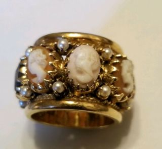 VTG 14k Yellow Gold Cameo Shell & Pearl Eternity Wide Band Ring 13.  7 Grams Sz6.  5 3