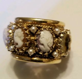 VTG 14k Yellow Gold Cameo Shell & Pearl Eternity Wide Band Ring 13.  7 Grams Sz6.  5 4