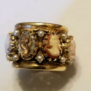 VTG 14k Yellow Gold Cameo Shell & Pearl Eternity Wide Band Ring 13.  7 Grams Sz6.  5 5