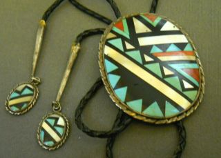 Vintage Native American Multi - Stone Mosaic Inlay Sterling Silver Bolo Tie Boone
