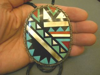 Vintage Native American Multi - Stone Mosaic Inlay Sterling Silver Bolo Tie BOONE 2