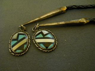 Vintage Native American Multi - Stone Mosaic Inlay Sterling Silver Bolo Tie BOONE 7