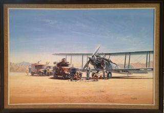 Golds Ww2 Rolls Royce Fairey Biplane Military Signed Large Antique Oil Painting