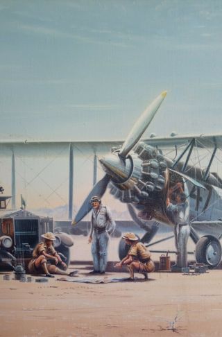 Golds WW2 Rolls Royce Fairey Biplane Military Signed Large Antique Oil Painting 5