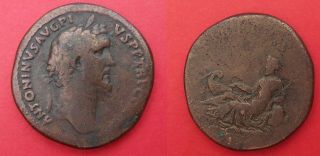 Ancient Coin Roman Sestertius Sesterce Antoninus Pius Tiberis Antonin Le Pieux