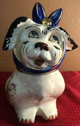 Vintage Toothache Dog Cookie Jar Muggsy Ceramic White And Blue Rare Large Flower