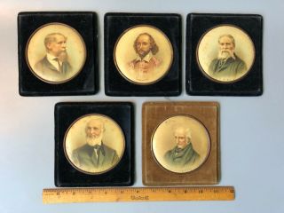 5 Antique Portrait Miniatures Famous Writers Shakespeare Dickens Wordsworth