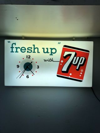 Rare Vintage Fresh Up With 7up Lighted Sign With Clock 7 Up Soda Pop Back Bar