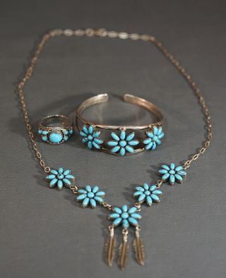 Vtg Zuni Native American Turquoise Sterling Silver Set Ring Bracelet Necklace