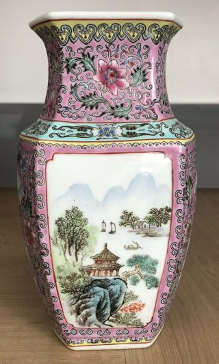 Chinese Republic Porcelain Vase Pink With Opposing Landscapes Seal Mark To Base