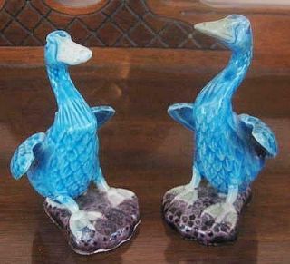 Pair (2) Antique Chinese Porcelain Turquoise " Peking " Ducks Geese Figurines