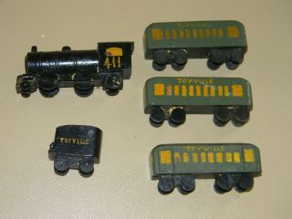 Antique Vtg Hand Crafted Wood Toy Folk Art Mini Train Engine Tender & 3 Cars