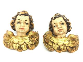 W5 Pair Pressed Wood,  Carved Cherub Angel Head Vintage German To Restore