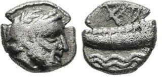 Ancient Greece 348 - 338 Bc Phoenicia Arados Small Silver Obol Deity Galley Waves