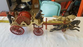 Vintage Cast Iron Toy Horse Drawn Hose Wagon With Firemen And Brass Bell