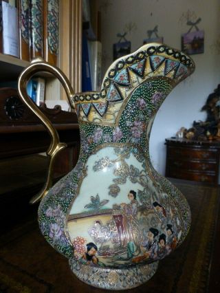 Very Decorated Japanese Jug Multi Colored 12 Inches Tall 19 Inches Diameter