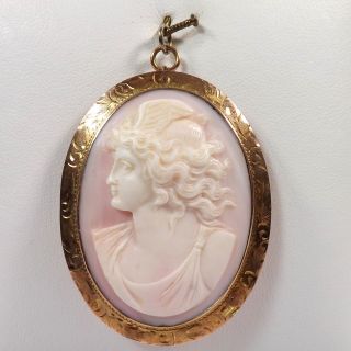 Victorian 10k Gold Carved Angel Skin Coral Mercury Cameo Brooch Pin Pendant