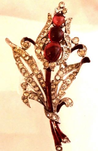 Alfred Philippe Crown Trifari Ruby Cabochon Flower Enameled Fur Pin Brooch