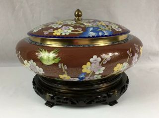 Vtg 1970’s Chinese Cloisonné Extra Large 15” Covered Bowl Vessel Birds & Flowers