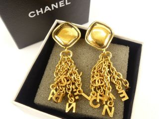 R1533 Auth Chanel Vintage Gold Plated Cc Charm Dangling Clip On Earring