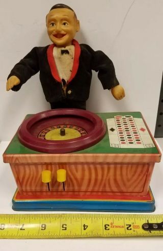 Vintage Tin Toy Roulette Man Wheel Casino Plaything Japan Gambling Toys