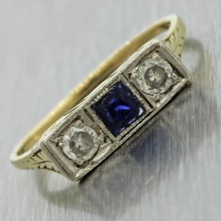 1920s Antique Art Deco 14k Solid Yellow Gold 0.  35ctw Diamond Sapphire Ring