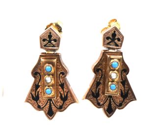 Antique Victorian Etruscan Enamel Turquoise Seed Pearl Dangle Earrings 10k Gold