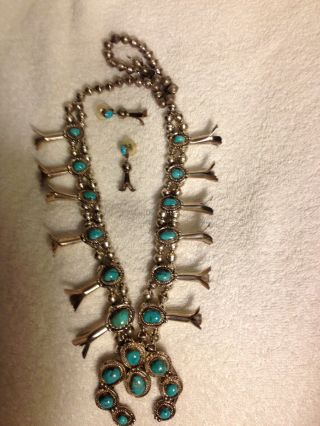 Vintage Native American Turquoise And Sterling Silver Squash Blossom & Earrings