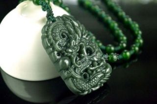 Chinese Natural Green Hand - Carved Hetian Jade Pendant - Necklace - Dragon