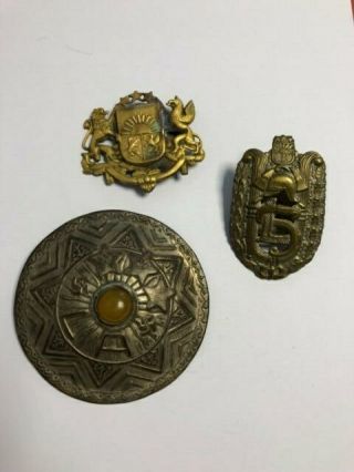 Latvian 1918 - 1940 3 Badges Very Rare,  La With Amber,  Numbered Firefighter Muller