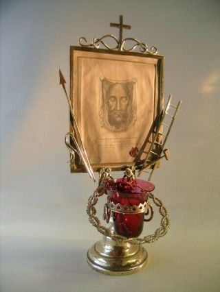 Antique Brass Reliquary The Veil Of Veronica Or " Holy Face Of Jesus (leo Xiii)