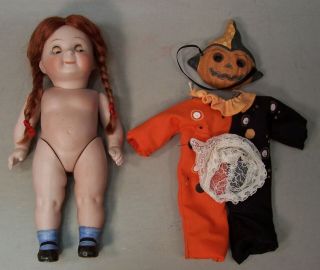 Antique 7 Inch All Bisque Googly Doll,  Mold 189 With Halloween Outfit