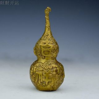 Antique China Brass Hand Made Fengshui Lucky Ruyi Gourd Statue