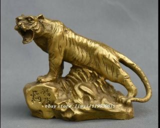 12cm Chinese Feng Shui Pure Copper Brass Evil Zodiac Tiger Stand Stone Statue