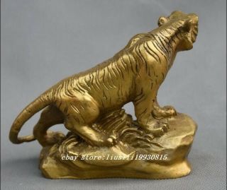 12CM Chinese Feng Shui Pure Copper Brass Evil Zodiac Tiger Stand Stone Statue 3