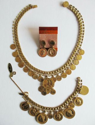Vintage Miriam Haskell Gold Tone Roman Coin Necklace Bracelet Earrings Nwt