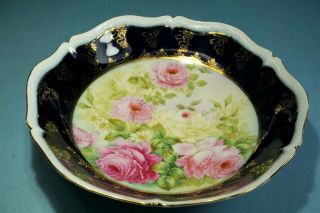 Antique Porcelain Tirschenreuth Bowl Cobalt Blue Gilt Border Roses Signed