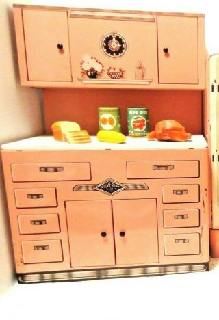 Reserved Tin Litho Toy Pink Kitchen Cabinet Hutch W/food Wolverine 50s