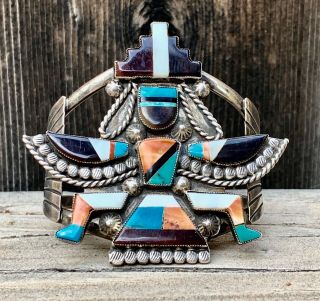Vtg Zuni Turquoise Inlay Bracelet Winged Deity W Lamy Sterling Silver
