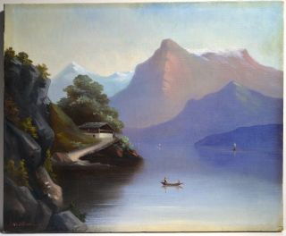 Antique 1885 Oil Painting by Maid of Honor to Swedish Queen : Mountain Lake 2