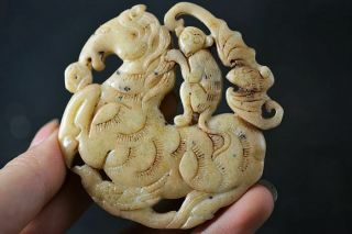 Exquisite Chinese Old Jade Carved Two - Sided Horse/bat/monkey Pendant H81