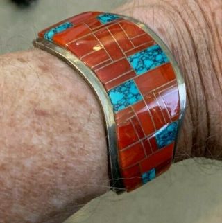 Vtg Navajo Coral and Turq.  Channel Inlay Cuff Bracelet.  Harrison Jim.  Gorgeous 10