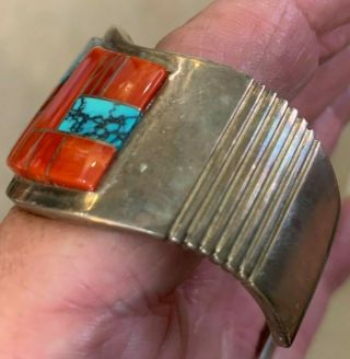 Vtg Navajo Coral and Turq.  Channel Inlay Cuff Bracelet.  Harrison Jim.  Gorgeous 12