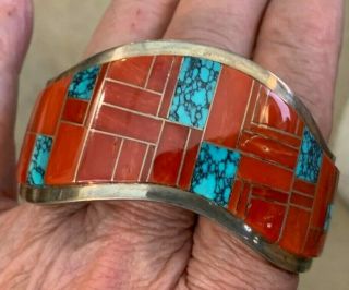 Vtg Navajo Coral And Turq.  Channel Inlay Cuff Bracelet.  Harrison Jim.  Gorgeous