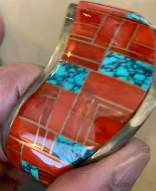Vtg Navajo Coral and Turq.  Channel Inlay Cuff Bracelet.  Harrison Jim.  Gorgeous 4