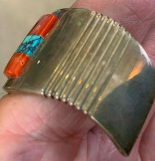 Vtg Navajo Coral and Turq.  Channel Inlay Cuff Bracelet.  Harrison Jim.  Gorgeous 8